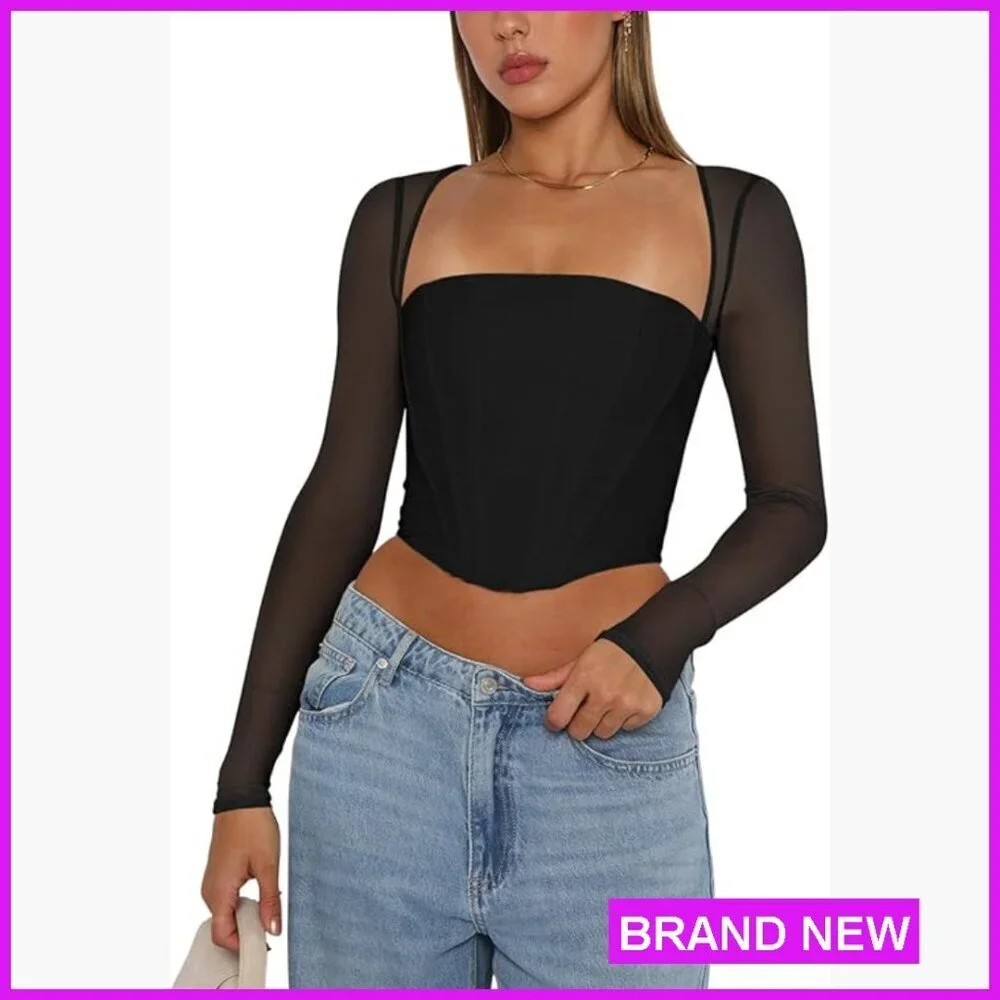 Mesh Long Sleeve Boned Corset Top Y2K Square Neck Bustier Crop Tops